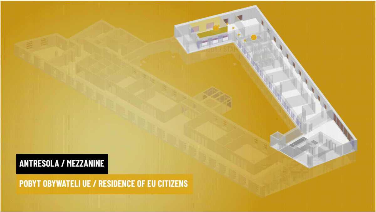 Grafika przedstawia plan parteru Wydziału Spraw Cudzoziemców Mazowieckiego Urzędu Wojewódzkiego w Warszawie przy ulicy Marszałkowska 3/5. Na planie oznaczona jest droga dojścia od holu głównego do pomieszczeń w których realizowane są usługi pt. POBYT OBYWATELI UE. Po wejściu do budynku należy schodami wejść na antresolę, a następnie skręcić w lewo. Idąc dalej na końcu korytarza w ostatnim pomieszczeniu po lewej stronie prowadzona jest obsługa klientów.