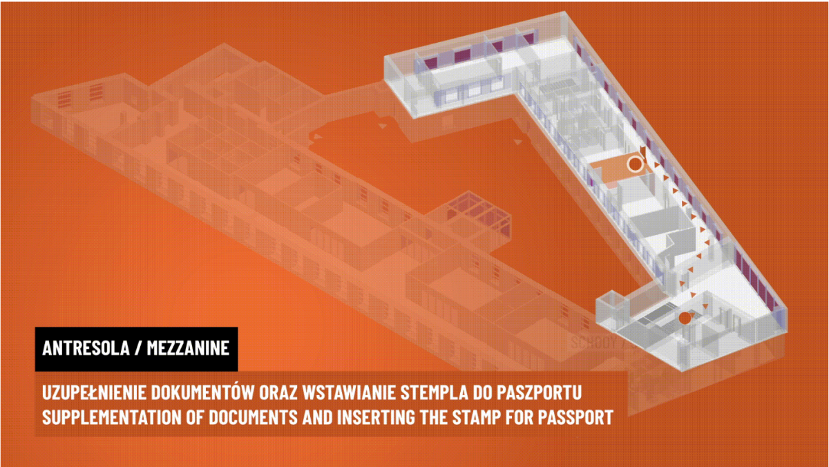 Grafika przedstawia plan parteru Wydziału Spraw Cudzoziemców Mazowieckiego Urzędu Wojewódzkiego w Warszawie przy ulicy Marszałkowska 3/5. Na planie oznaczona jest droga dojścia od holu głównego do pomieszczeń w których realizowane są usługi pt. UZUPEŁNIANIE DOKUMENTÓW ORAZ WSTAWIANIE STEMPLA DO PASZPORTU. Po wejściu do budynku należy schodami wejść na antresolę, a następnie skręcić w lewo. Idąc dalej korytarzem w trzecim pomieszczeniu po lewej stronie prowadzona jest obsługa klientów.