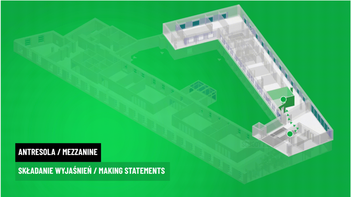 Grafika przedstawia plan parteru Wydziału Spraw Cudzoziemców Mazowieckiego Urzędu Wojewódzkiego w Warszawie przy ulicy Marszałkowska 3/5. Na planie oznaczona jest droga dojścia od holu głównego do pomieszczeń w których realizowane są usługi pt. SKŁADANIE WYJAŚNIEŃ. Po wejściu do budynku należy schodami wejść na antresolę, a następnie skręcić w lewo. Idąc dalej korytarzem pierwszym pomieszczeniu po lewej prowadzona jest obsługa klientów.