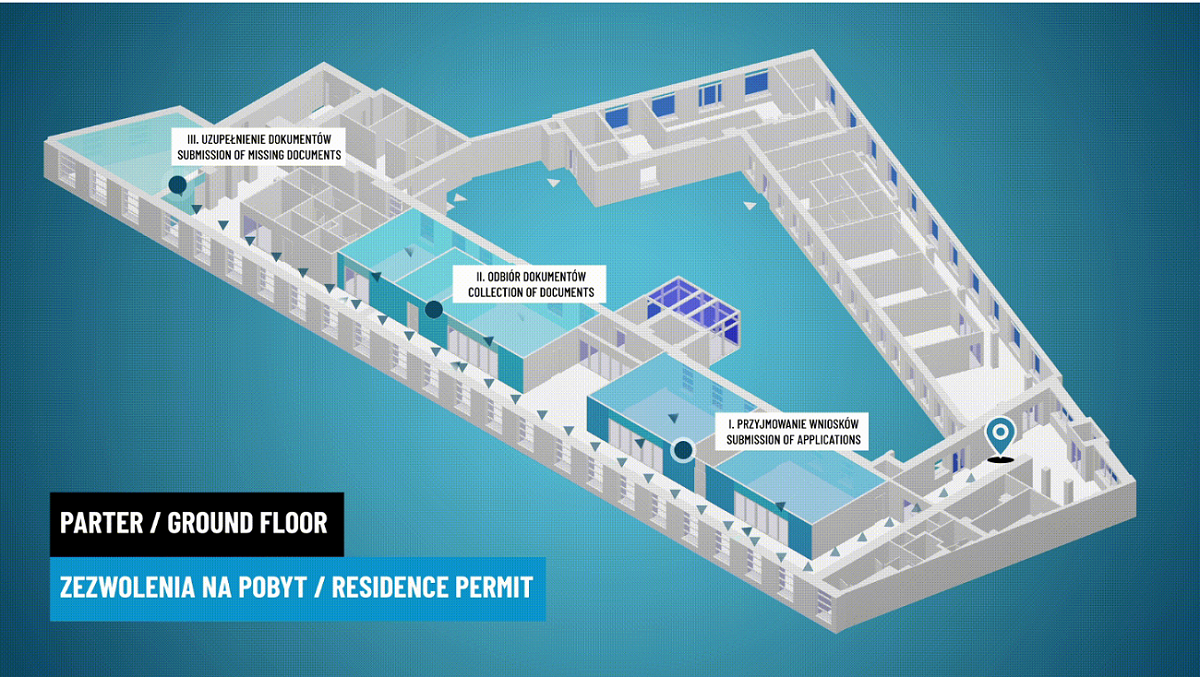 Grafika przedstawia plan parteru Wydziału Spraw Cudzoziemców Mazowieckiego Urzędu Wojewódzkiego w Warszawie przy ulicy Marszałkowska 3/5. Na planie oznaczona jest droga dojścia od holu głównego do pomieszczeń w których realizowane są usługi pt. ZEZWOLENIA NA POBYT. Po wejściu do budynku należy iść prosto, a następnie skręcić w prawo. Idąc dalej korytarzem po prawej stronie znajdują się pomieszczenia w których prowadzona jest obsługa: Przyjmowanie wniosków – pomieszczenie pierwsze i drugie, Odbiór dokumentów – pomieszczenie trzecie i czwarte, Uzupełnienie dokumentów – pomieszczenie na wprost na końcu korytarza.
